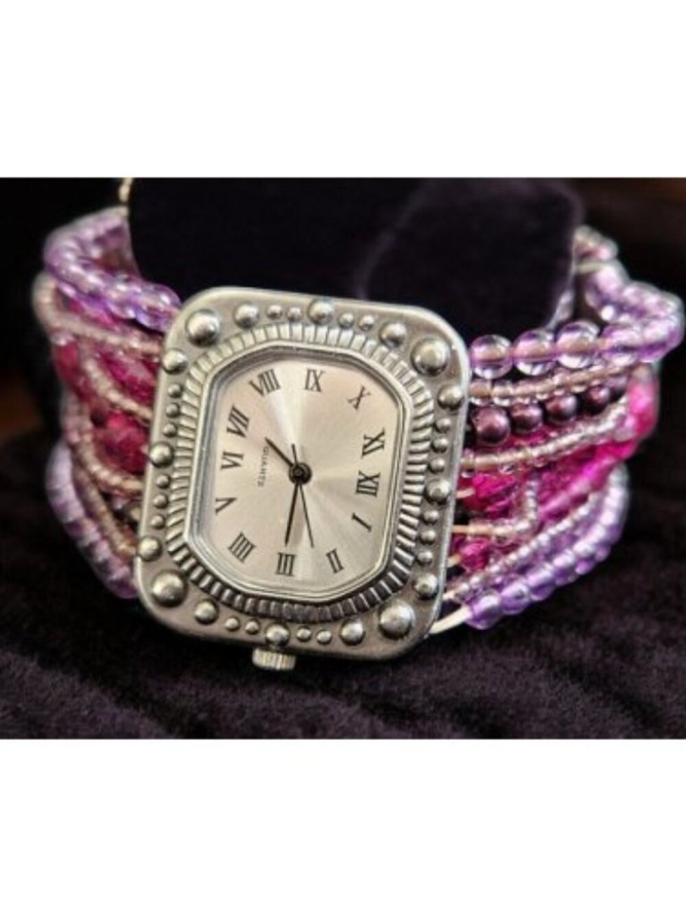 Pink Beaded Multi Strand Antiqued Face Ladies Stainless Steel Quartz Watch
